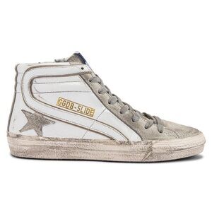 Golden Goose Slide High-Top Sneakers in White and Gray with Gold Logo